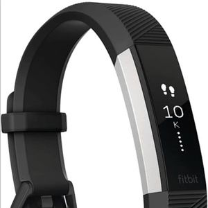 Black Fitbit Alta HR, charger and extra brown leather band, all size small.